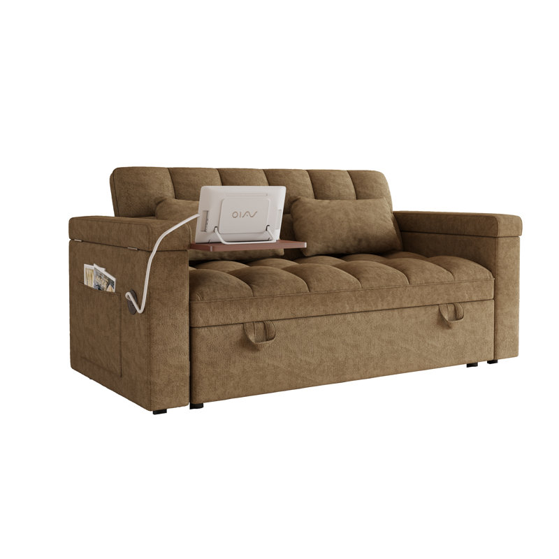 Canapé-lit 3 en 1 de 165 cm, convertible en lit deux places, en tissu cachemire doux, avec sac de rangement latéral et coussins, idéal pour le salon d'un appartement, couleur kaki.
