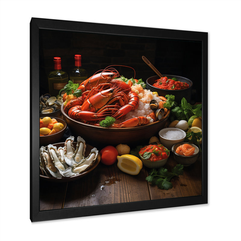 Assortiment de fruits de mer II sur toile, H 24 po x l 24 po x P 1 po, Cadre simple noir