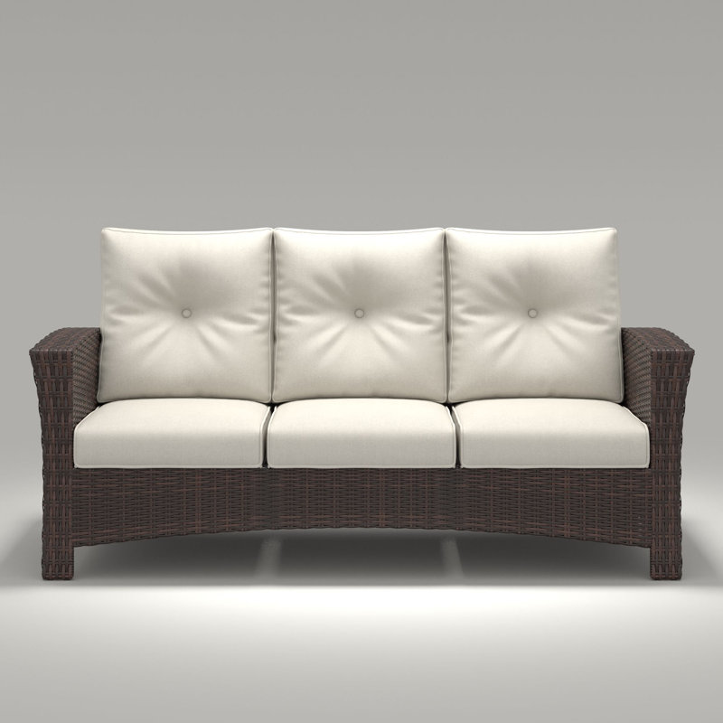 Canapé à accoudoirs très large en osier pour l'extérieur avec dossier haut et coussins moelleux, Beige, Brun