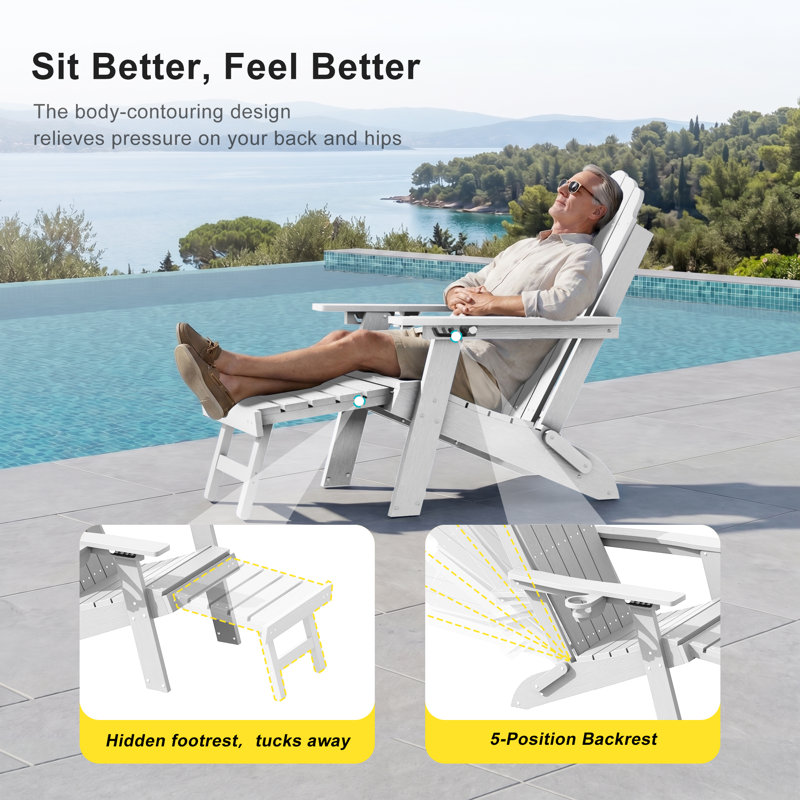 Chaise pliante Adirondack avec repose-pieds rétractable, chaise de patio résistante aux intempéries, Blanc