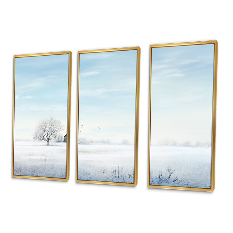 Paysage d'hiver «Minimalisme», ensemble d'art mural paysage d'hiver, Cadre flottant doré, H 32 po x l 48 po x P 1 po