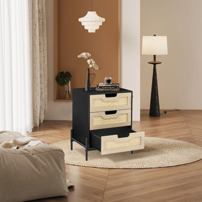 Rattan Nightstand with 3 Rattan/Wicker Drawers - 18.9" Compact Bedside Table, Metal-Footed Bedside Cabinet with Shelves