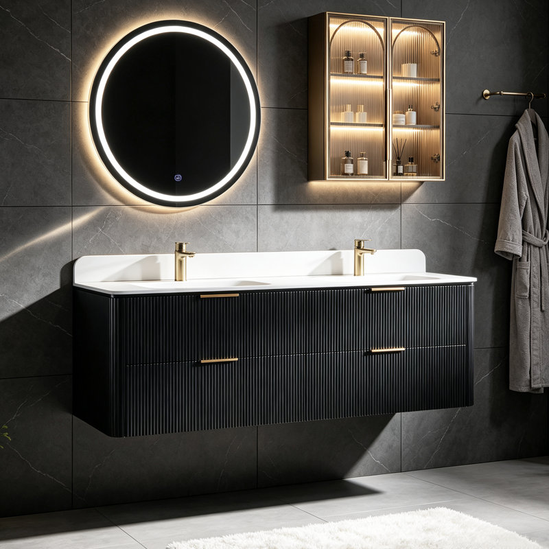 Meuble-lavabo suspendu de luxe de 60 po, entièrement assemblé, de style moderne du milieu du siècle, avec vasques assorties.