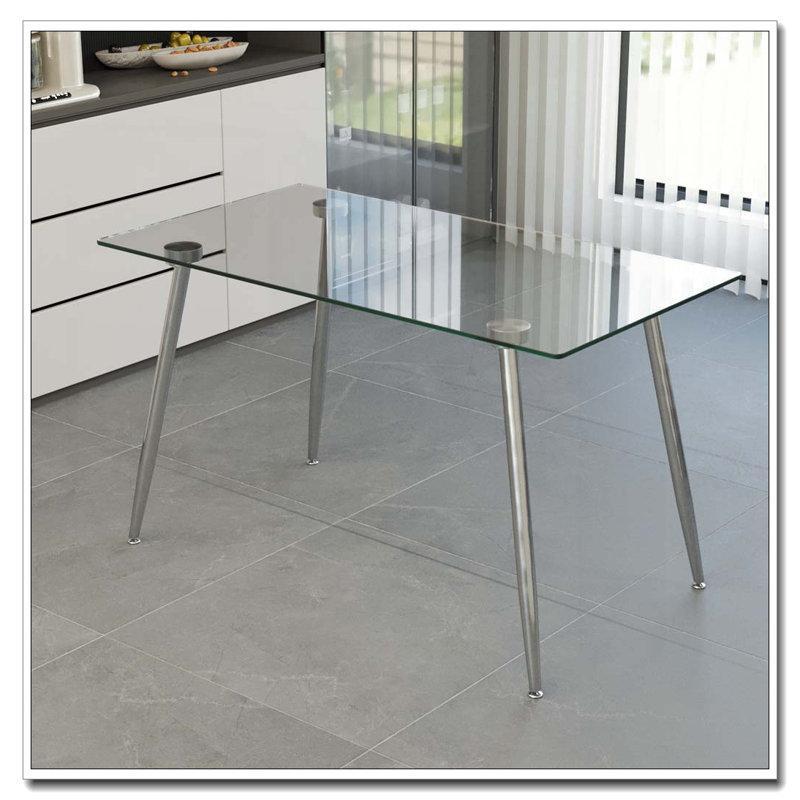 Table de salle à manger en verre, table rectangulaire moderne avec plateau en verre trempé et pieds en métal argenté, table de cuisine simpliste, table polyvalente pour le bureau personnel (0 dégât)