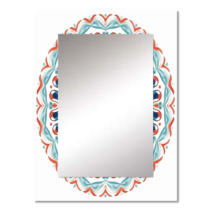 Sacred Mandala In Retro Blue And Orange I - Boho Mandala Mirror, Traditional Decorative Wall Mirror, Printed Metal Art