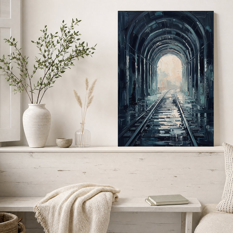 Tableau sur toile représentant un tunnel ferroviaire sombre menant à la lumière, H 18 po x l 12 po