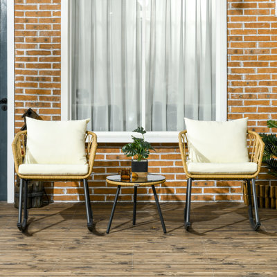 Cream White Patio - 3 Piece With Comfy Rocking Chairs, Cushions And Coffee Table Bistro Cushions. Chairs For Outdoor Relaxation. Front Porch Furniture To Unwind