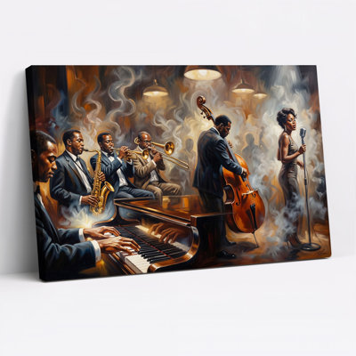 Tableau sur toile vintage représentant un chanteur et un groupe de jazz dans un club enfumé