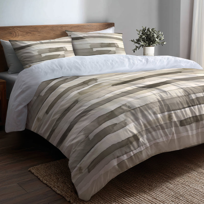 Ensemble de literie à rayures 3 pièces - Ensemble de housse de couette et coussin décoratif moderne gris et beige