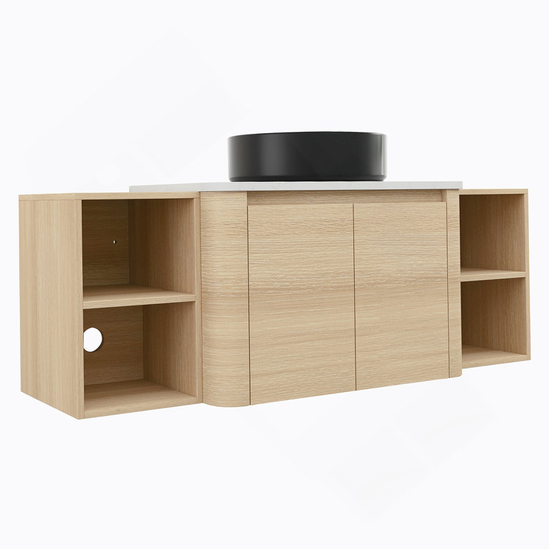 Meuble-lavabo mural de 54 po avec lavabo d'art en céramique, 2 tablettes de rangement et portes à fermeture en douceur, peu encombrant et élégant