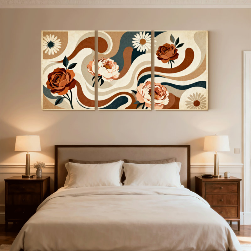 Plantes et fleurs, vagues florales, art abstrait, ensemble de 3 impressions sur toile, H 24 po x l 48 po