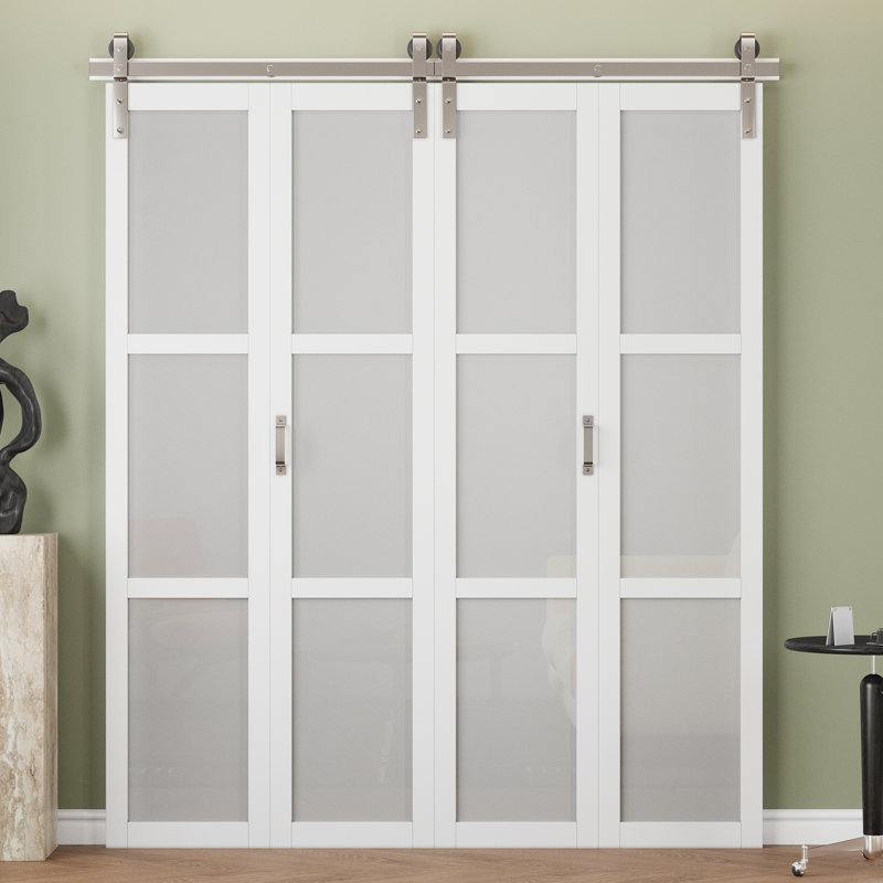 Double porte de grange pliable en verre givré blanc 3 pièces (ensemble de nickelage) avec trousse de quincaillerie et poignée (garde-manger, garde-robe)