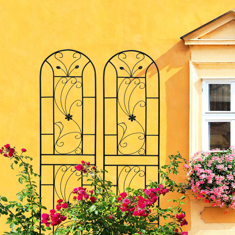 2 treillis de jardin en métal de 86,7 po x 19,7 po, support de fleurs d'extérieur rouille, noir de style paon, facile à installer, métal galvanisé, idéal pour les plantes grimpantes telles que les vignes de lierre, la gloire du matin, le haricot noir