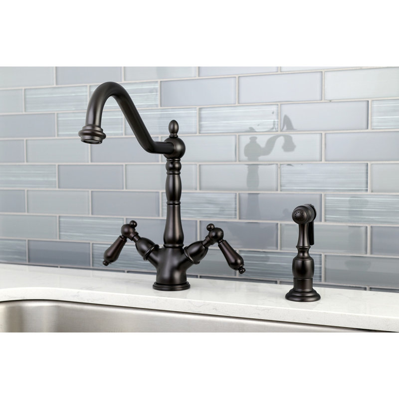 Kingston Brass Heritage Two-Handle 2-or-4 Hole Deck Mount Kitchen Faucet with Brass Sprayer, Oil Rubbed Bronze