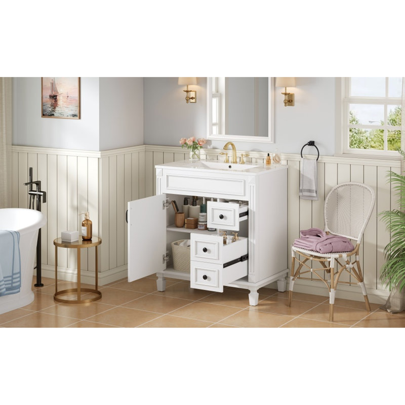 Meuble-lavabo de 30 pouces avec lavabo en céramique, 2 tiroirs et tablette réglable, Blanc