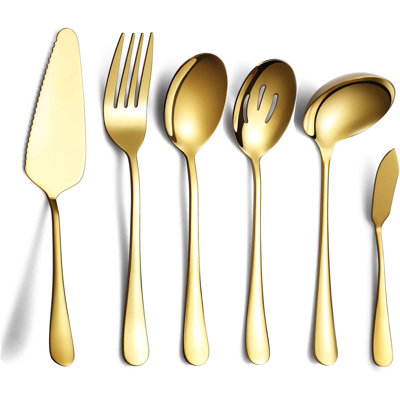 6-Piece Stainless Steel Serving Utensil Set With Cake Server, Slotted Spoon, Serving Spoon, Meat Fork, Butter Knife And Soup Ladle, Elegant Flatware For Dining & Entertaining