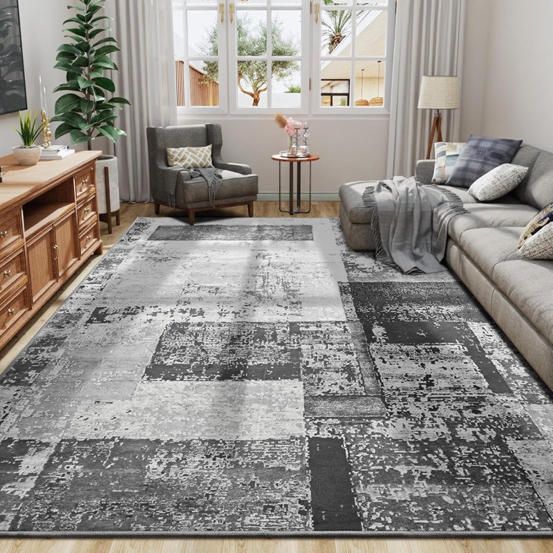 Tapis abstrait à motif géométrique abstrait, Gris, Rectangle 6' x 9'