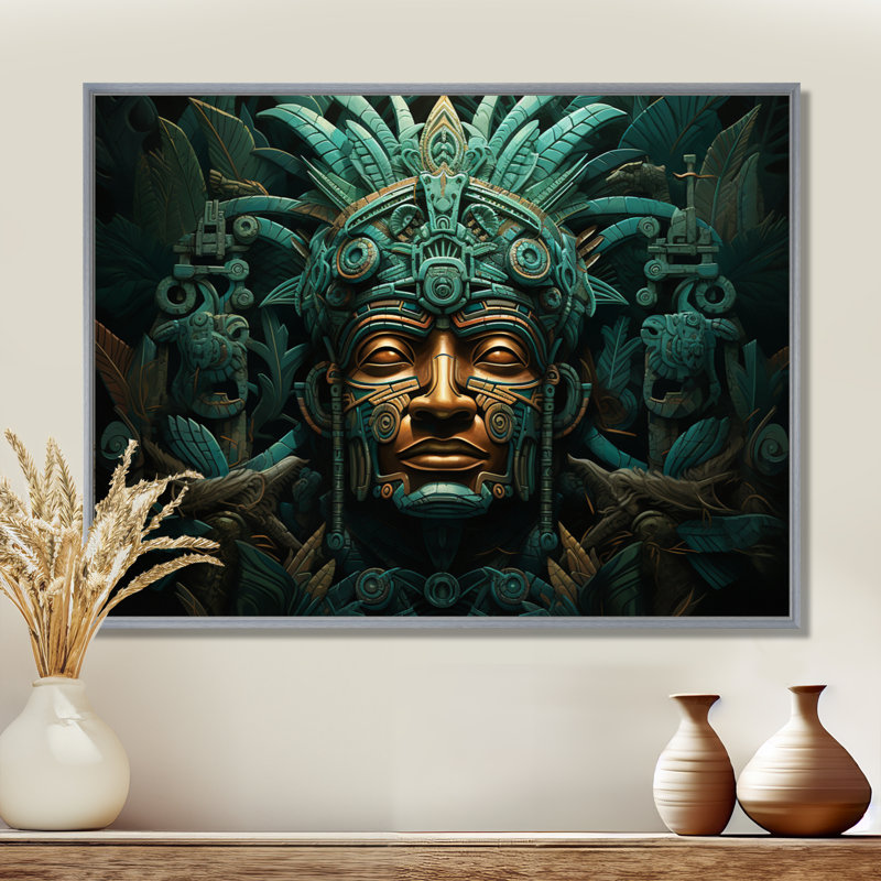 Maya Magic Aztec Mask I - Art mural mexicain, H 24 po x l 32 po x P 1 po, Encadrement argenté