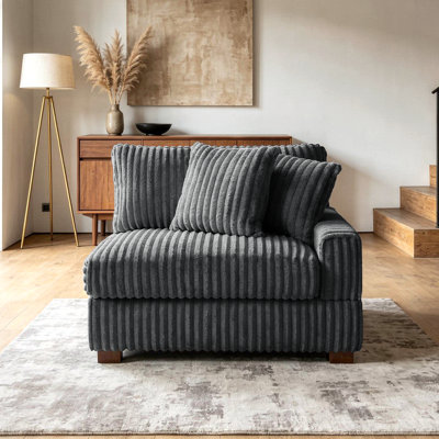 Upholstered Gray Faux Rabbit Fur Flannel Armchair with Pillow Back, One Arm Single Chair Module Part For Sectional Sofa
