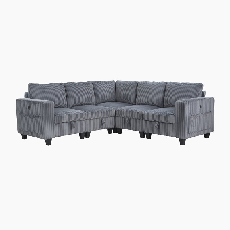 Skrzypek Square Arms Sectional with Storage, Dark Gray Corduroy