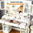 43.3" Makeup Vanity Desk with Mirror & Lights, Vanity Table with Power Outlet, 4 Drawers, Open Shelving & 4 Large RGB Transparent Cabinets for Bedroom