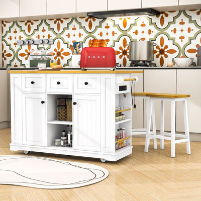 Kitchen Island Set with 2 Bar Stools, Integrated Power Outlets and Expandable Storage