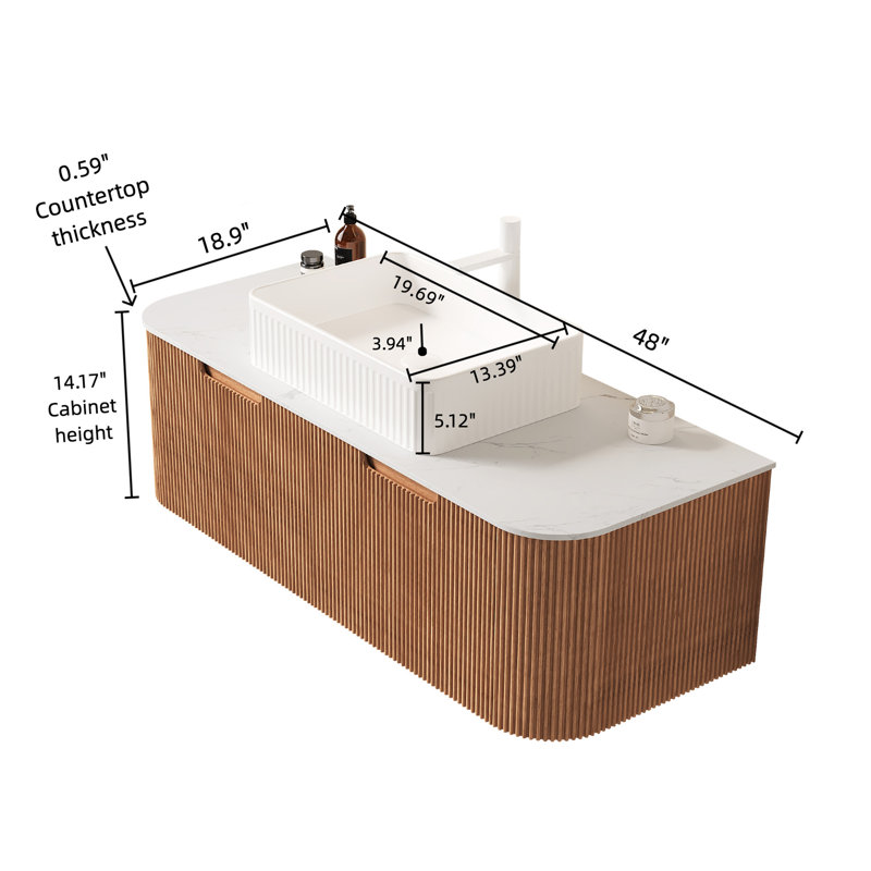 Meuble-lavabo Dina de 48 po, armoire de rangement à bords arrondis et rayés avec 2 tiroirs, lavabo rectangulaire en céramique blanche et plateau en pierre frittée blanche de Carrare, pré-assemblé, couleur grain de bois naturel