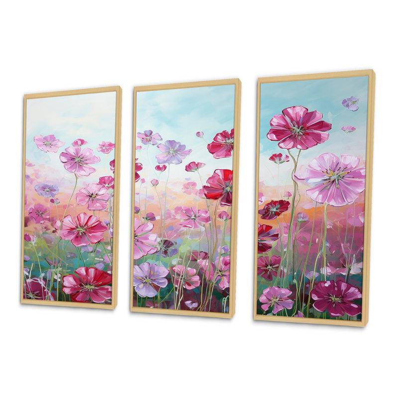 Elegant Geraniums Flowers Field - Ensemble d'art mural sur toile Flower Field, Cadre naturel flottant