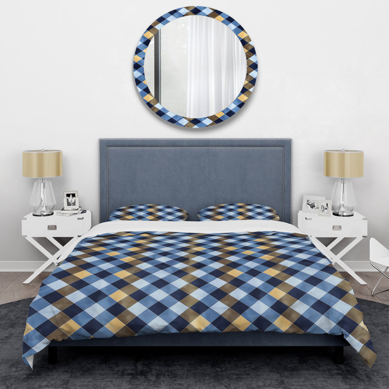 Ensemble de housse de couette moderne à imprimé vichy bleu et jaune II, Housse de couette simple et deux taies décorative
