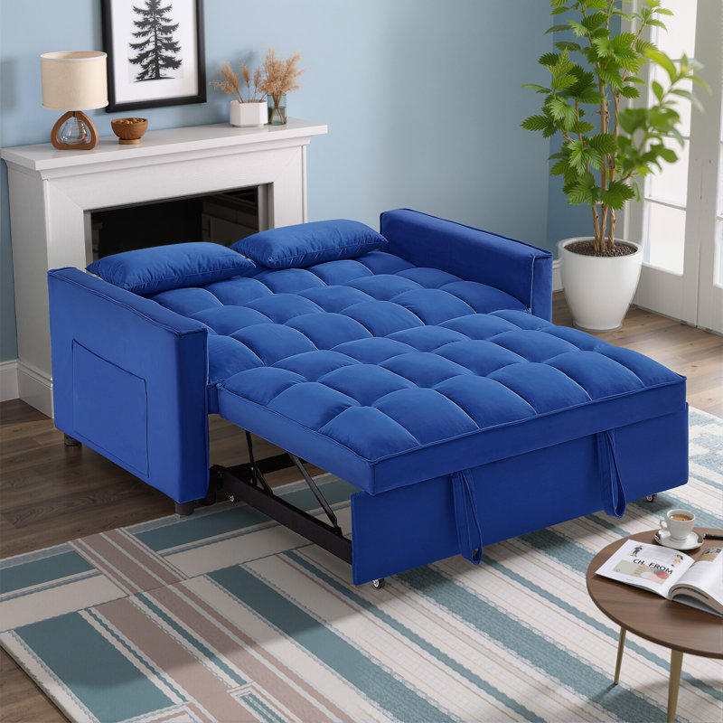 3 in 1 Convertible Sleeper Sofa Bed, Velvet Futon Couches, Chaise Lounge for Living Room with Side Pocket, Blue Velvet