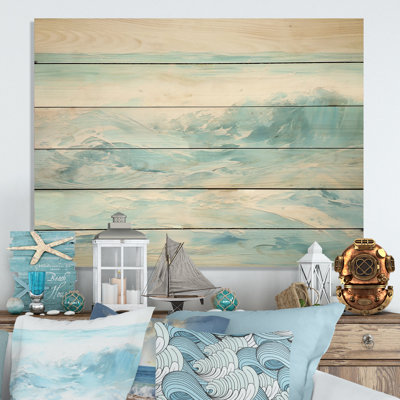 Blue And White Simplicity Beach - Coastal Waves Wood Wall Art On Natural Pine Wood