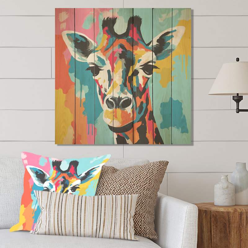 Portrait de girafe coloré et coloré III - Girafe sur bois, H 15 po x l 15 po