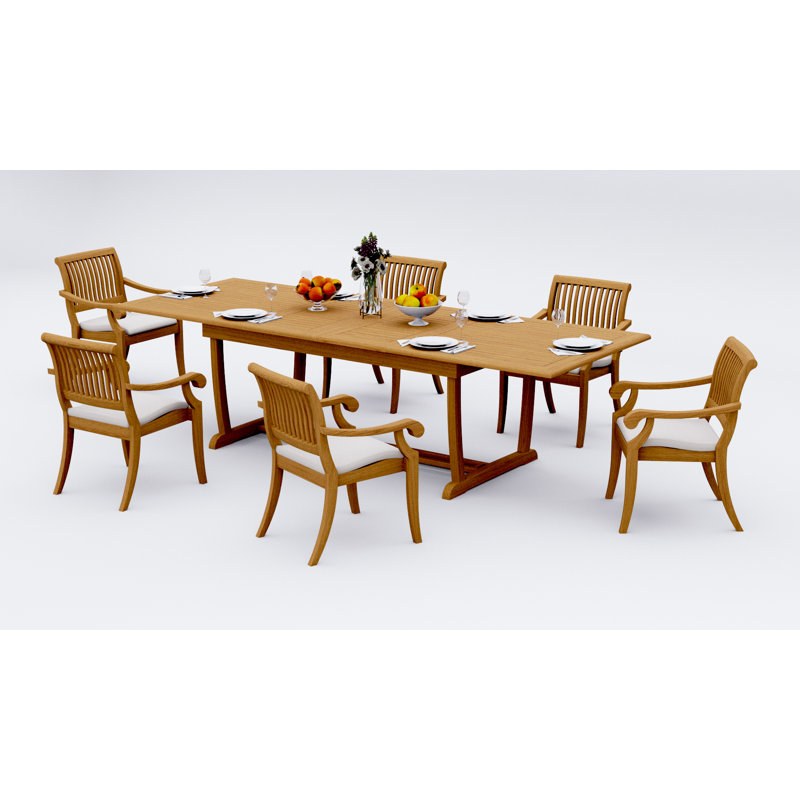 10 Seats 11 Pcs Grade-A Teak Wood Dining Set: 94" Double Extension Mas Rectangle Trestle Leg  Table And 10 Arbor Stacking Arm Chairs #11AB2110