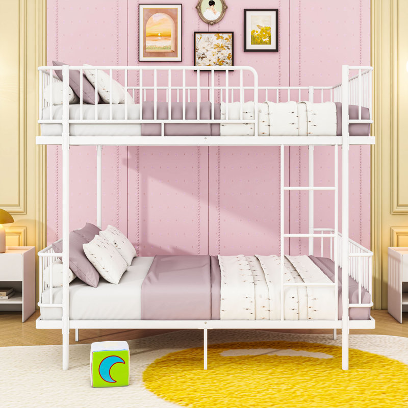 Metal Bunk Bed with Ladders and Guardrails, Full Over Full, White