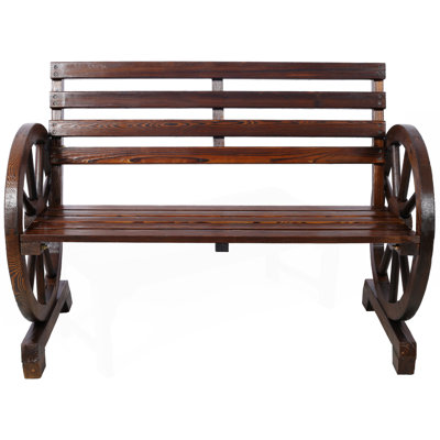 2-Person Wooden Wagon Wheel Bench For Backyard,Outdoor Lounge Furniture w/Rustic Country Design, Slatted Seat and Backrest ,Patio Bench by Millwood Pines