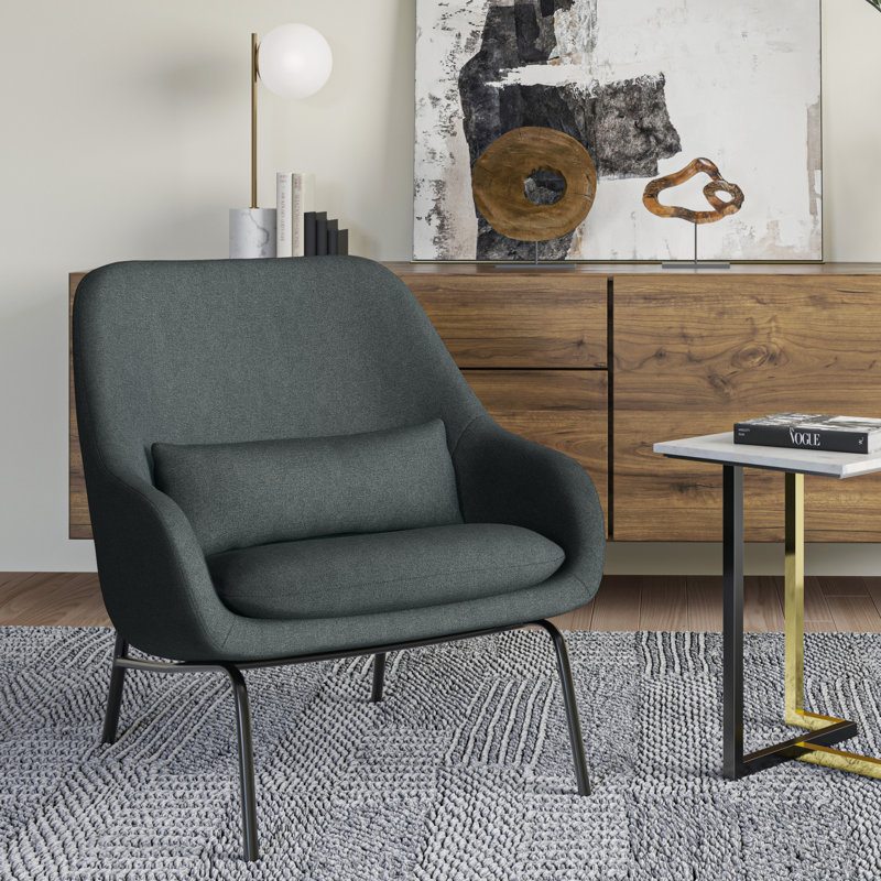 Elmont 30"W Upholstered Contemporary Accent Chair with Curved Design, Lower Back Pillow, and Metal Legs, Natural