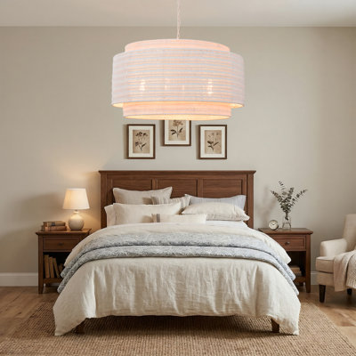 4-light 28"W Hand-Woven Rattan Modern Farmhouse Drum Chandelier with White Metal for Dining Room or Bedroom