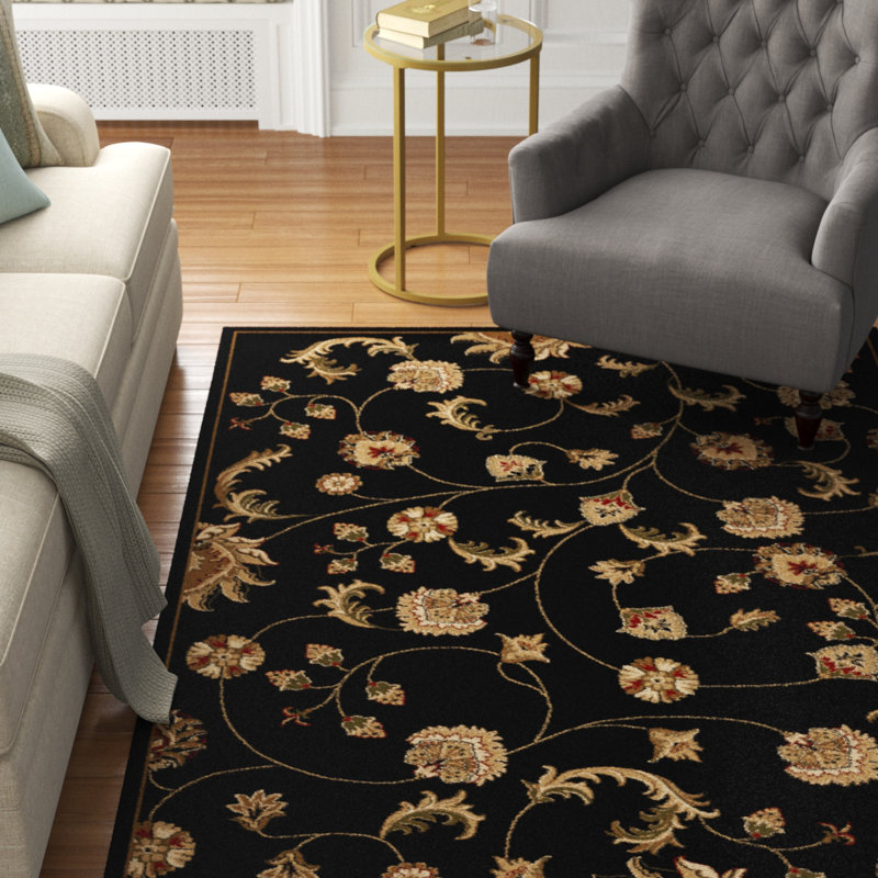 Nordin Traditional Black Floral Oriental Area Rug, Rectangle 7'9" x 11'