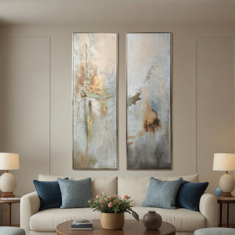 Hand Painted Wall Art, Set of 2 - Abstract Framed Canvas Wall Decor -Textured Artwork for Living Room, Bedroom, Entryway, 70"