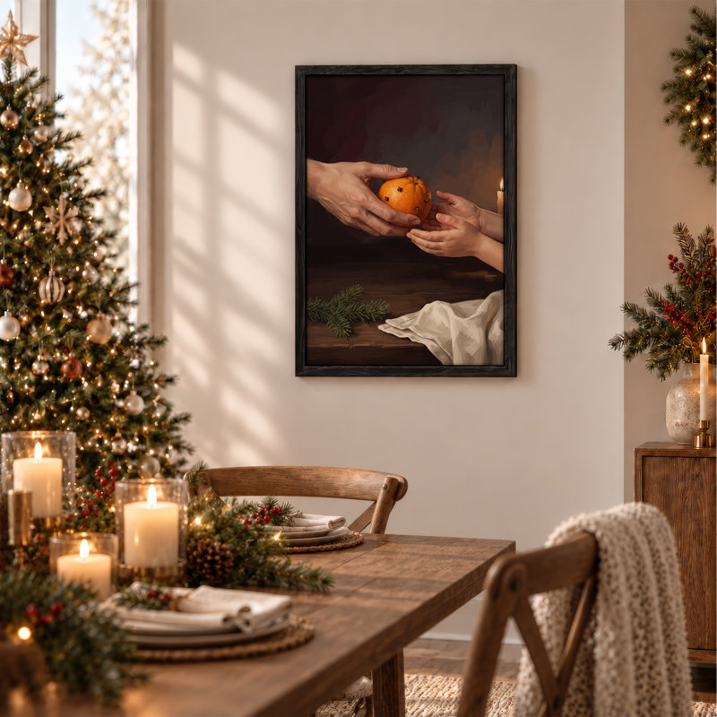 Hands Holding Studded Orange With Candlelight Christmas Canvas Wall Art, H 24 po x l 18 po