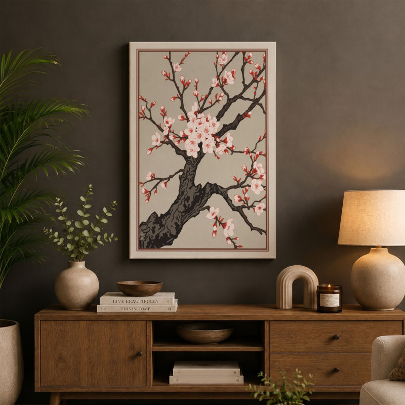 Spring Blossom Branch Japandi - Wrapped Canvas, 24x16 - 61.0 x 40.6 cm, Ochre Border