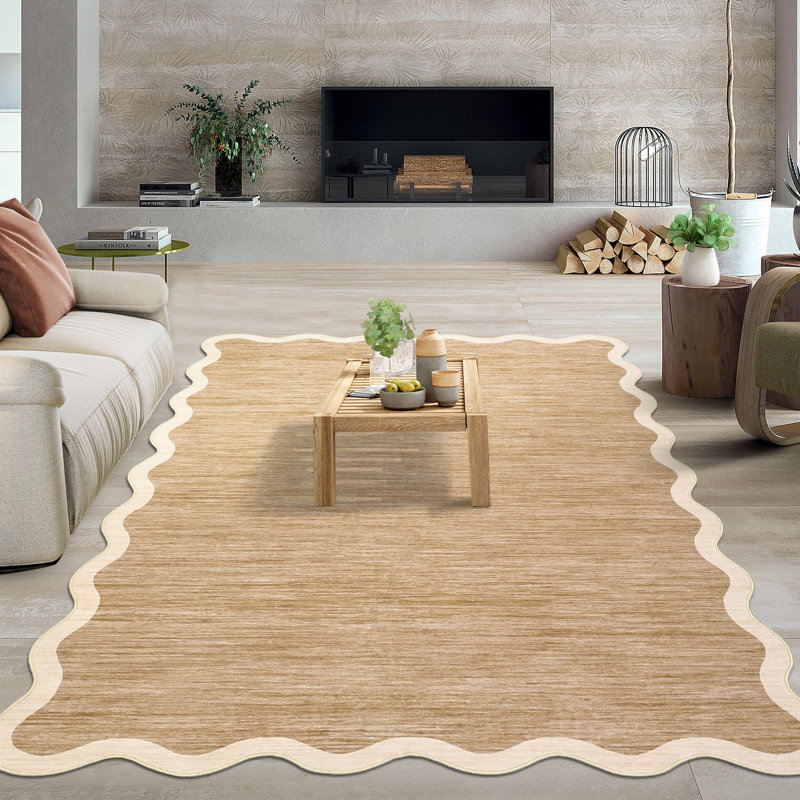 Scalloped Washable Rugs for Living Room Neutral Area Rugs Ultra-Thin Non Slip Large Bedroom Carpet Indoor Stain Resistant Contemporary Carpet for Dining Room Dorm