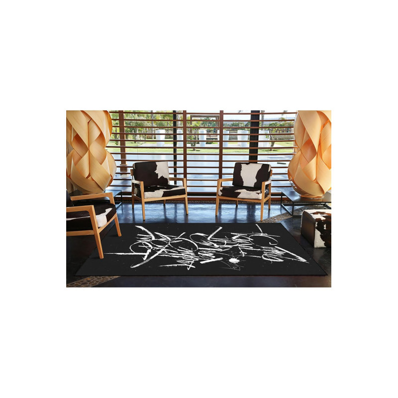 Tapis décoratif noir à motif texturé noir, Sous-tapis carré 3 pi 3 po inclus