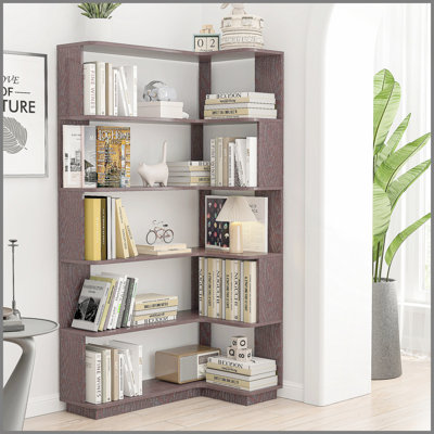 90cm (35.43") extended size Freestanding Corner Bookshelf For Living Room, Bedroom, home office, Wooden Bookcase with anti-drop panel and anti tipping device, Open storage Display cabinet 5 colors
