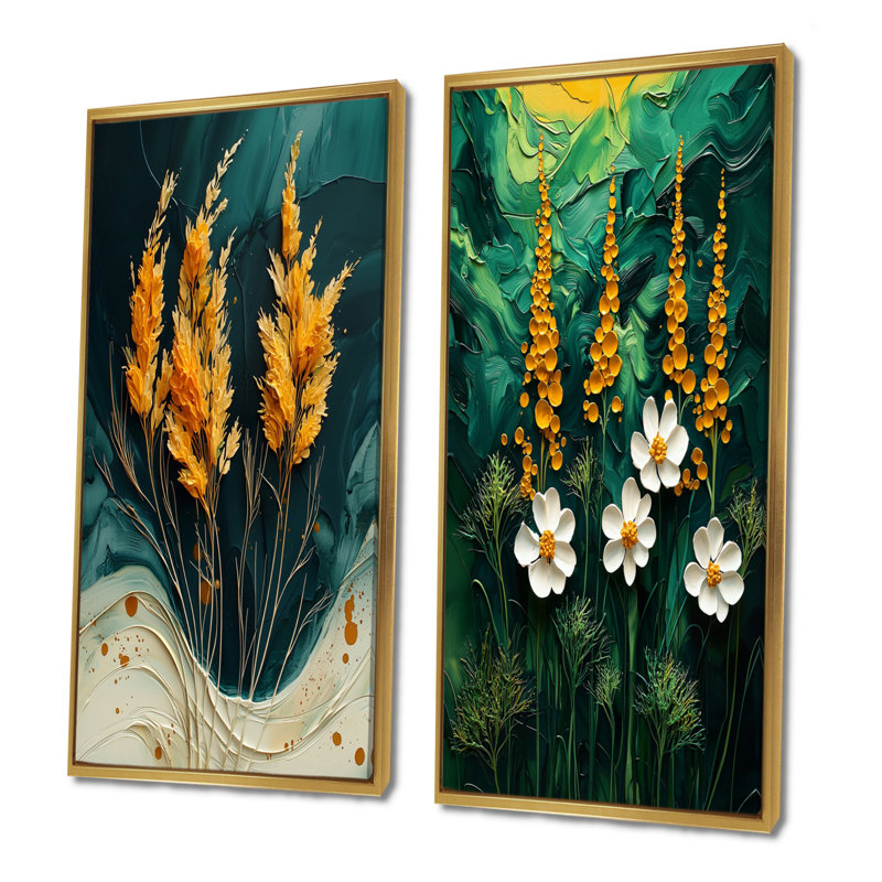 Emerald Yellow Delights Herbs I - ensemble de 2 pièces d'art floral, Cadre flottant doré, H 40 po x l 40 po