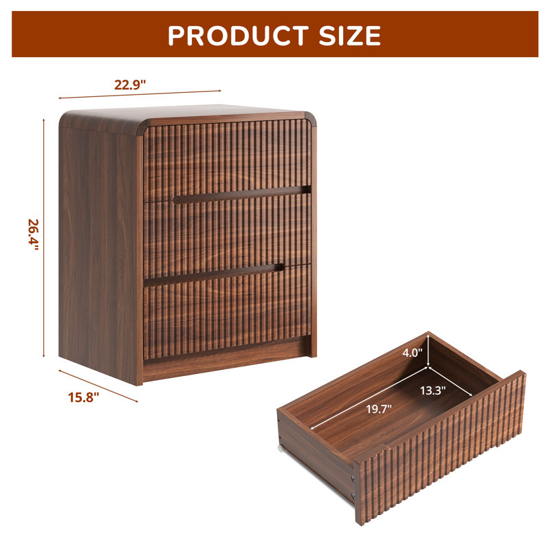 22.9" W 3 Drawer Mid-Century Modern, Wooden Dresser with Curved Profile and Fluted Design, Walnut