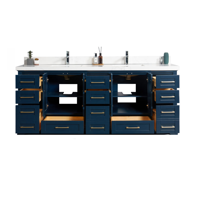 Eser 84'' Double Bathroom Vanity with Top, Straight Empira Quartz, Navy Blue