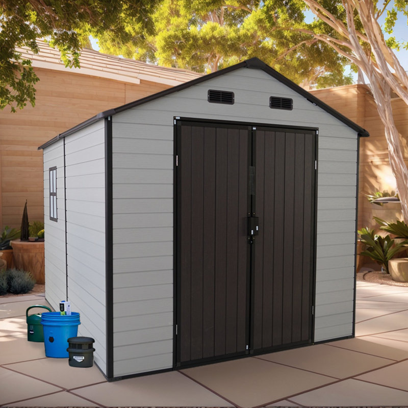 8X8x7.6FT Outdoor Resin Storage Shed With Windows, Strong Aluminum Frame & Floor For Garden, Backyard Organization (White+Brown)