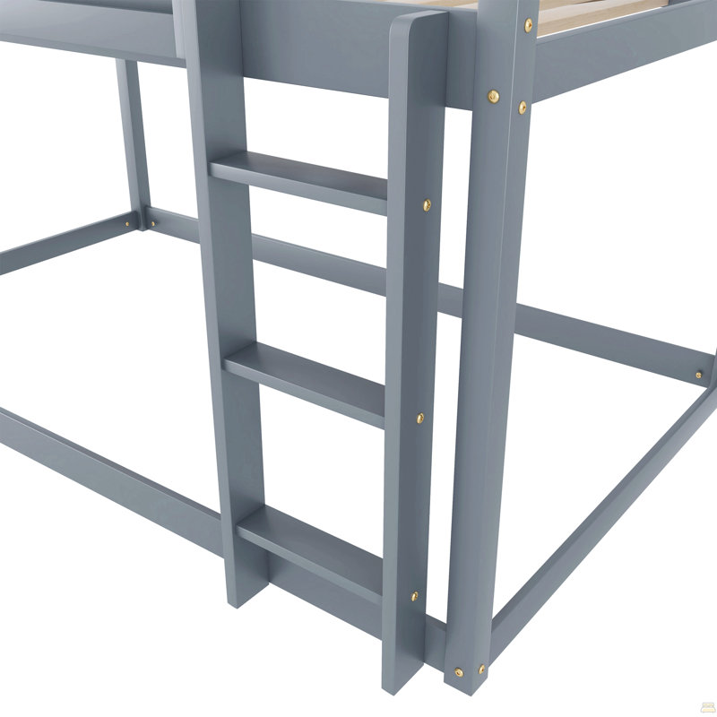 Low Twin Over Twin Bunk Bed, Floor Bunk Bed With Ladder, Solid Wood Twin Bunk Bed, Gray