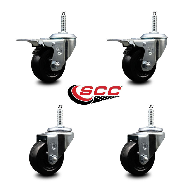 Rubber Swivel 3/4 Inch Threaded Stem Caster Set 2 Total Lock Brakes
